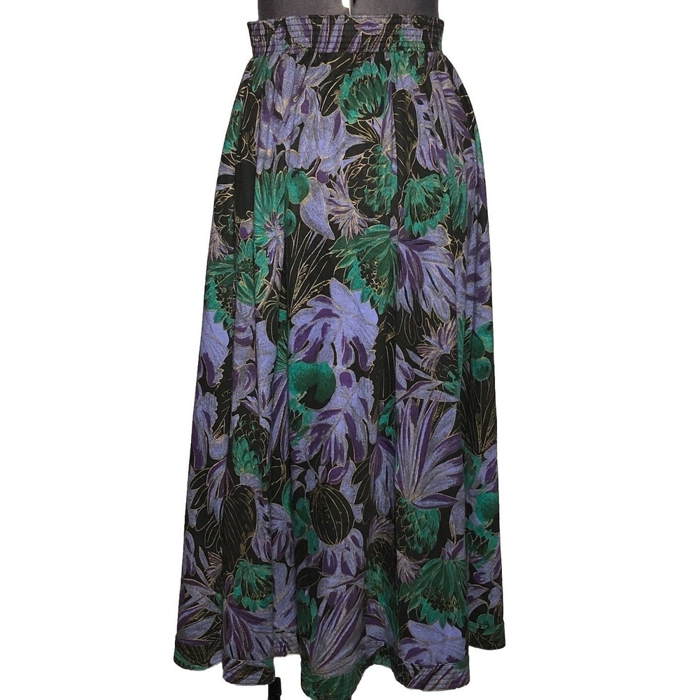 Vtg 1990s Peter Popovitch Metallic Tropical Floral Midi Skirt Pockets W-28 S